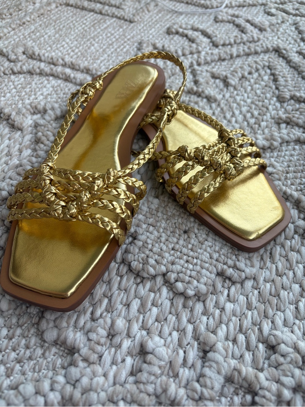 Zara Metallic Gold Braided Square-Toe Sandals